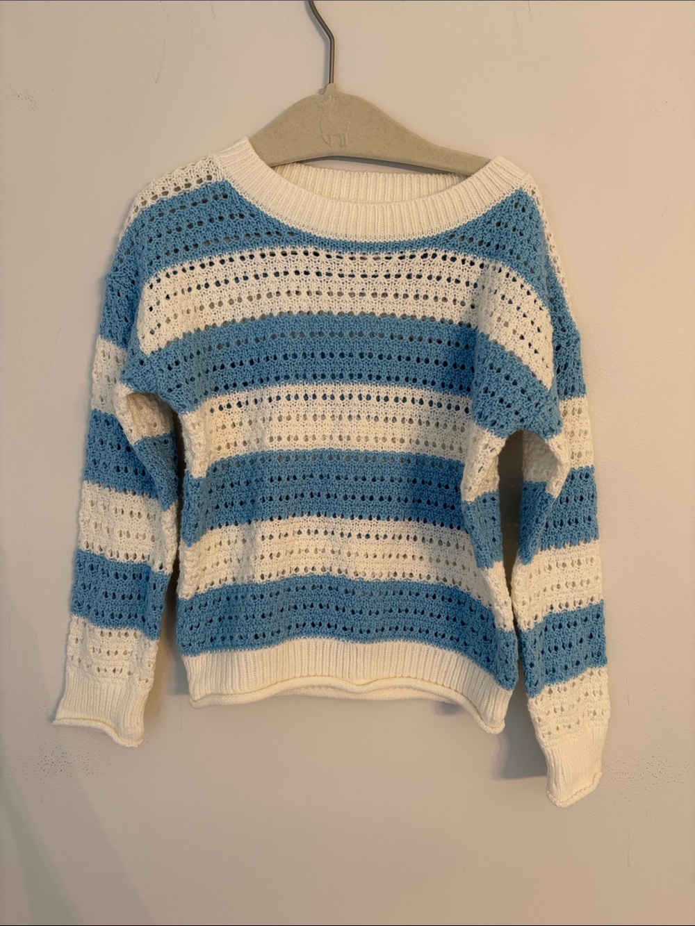 Cat & Jack Cream and Light Blue Striped Crochet Crew Sweater 2T